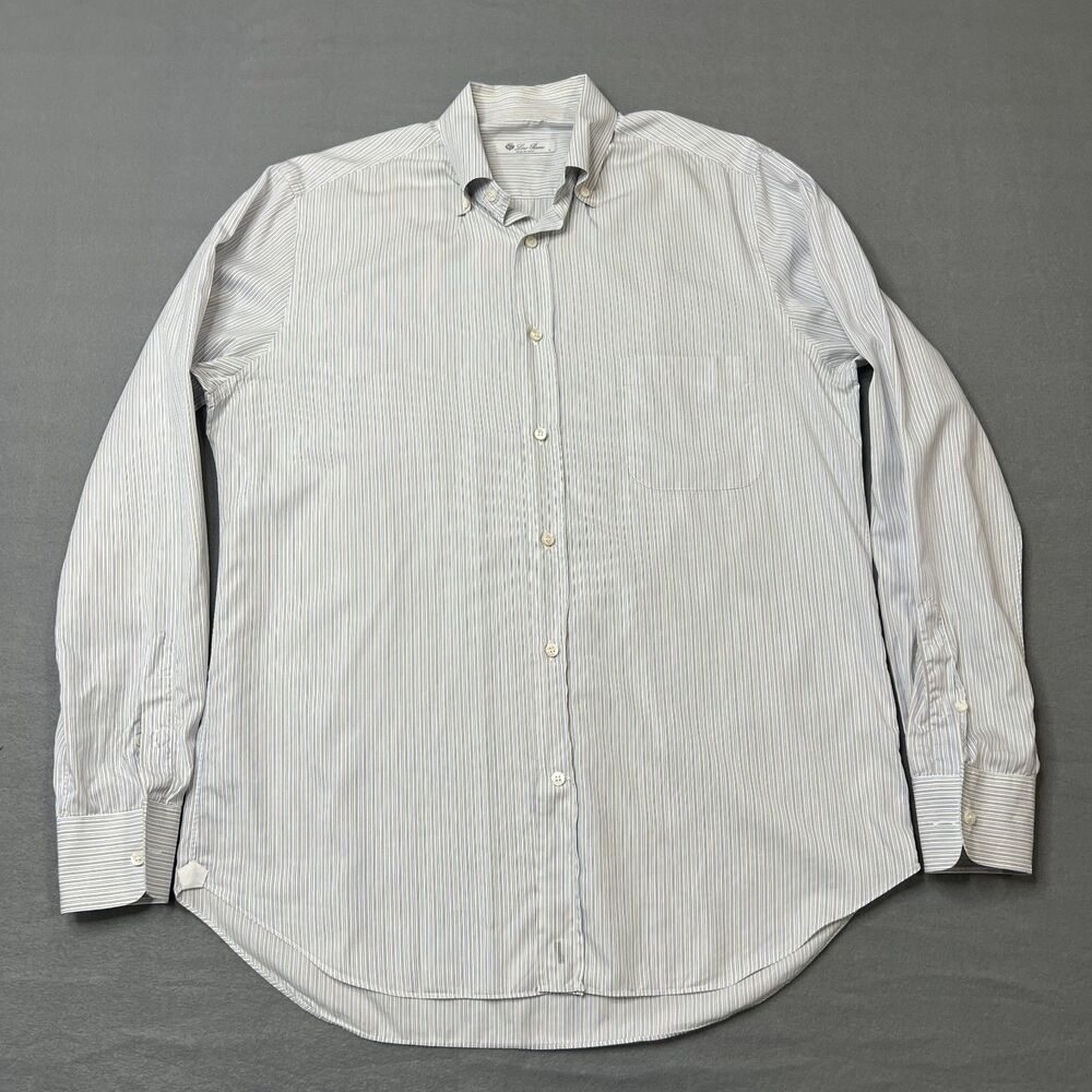 Loro Piana André Shirt Men's Large White Striped 100% Cotton Classic Button-Down